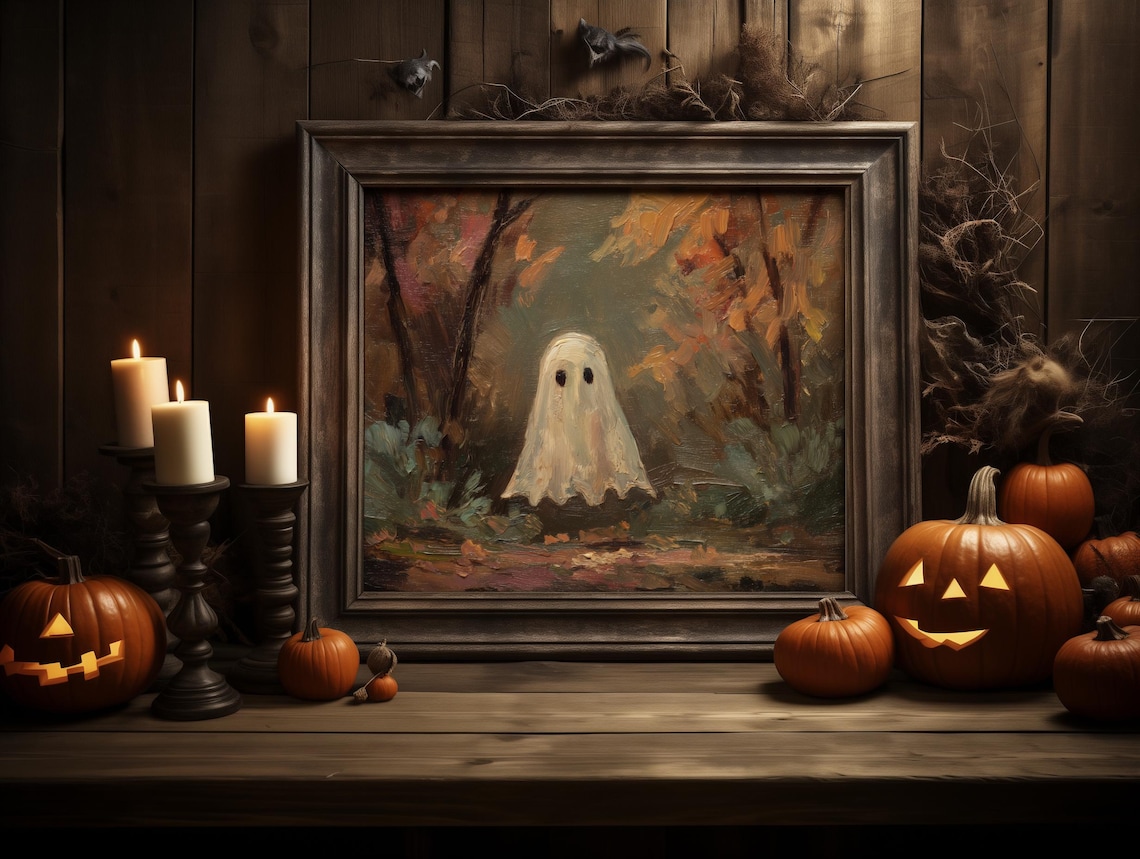 Lonely White Ghost In Muted Autumn Forest Vintage Halloween Poster