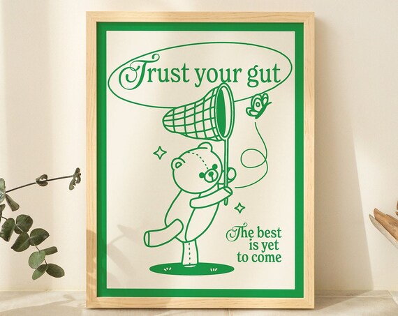 Trust Your Gut Bear Butterfly Net Print Retro Green Positive Wall Art Poster