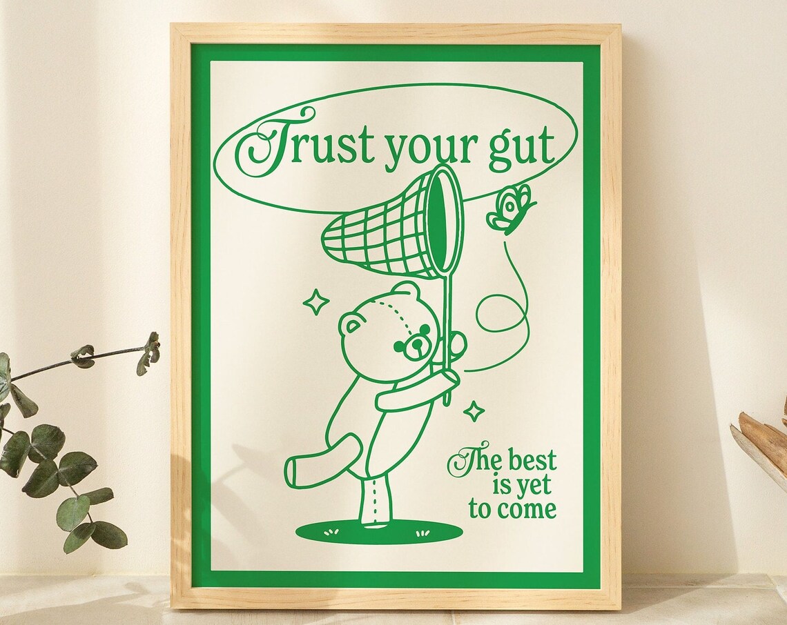 Trust Your Gut Bear Butterfly Net Print Retro Green Positive Wall Art Poster