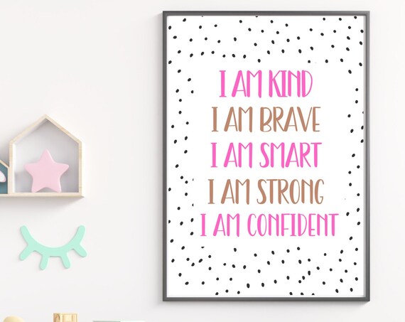 Pink Taupe Kids Affirmations Kind Brave Strong Confident Poster