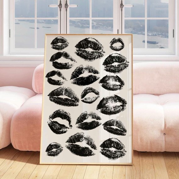 Black Lipstick Kiss Marks Retro Lips Collage Cream Trendy Dorm Poster