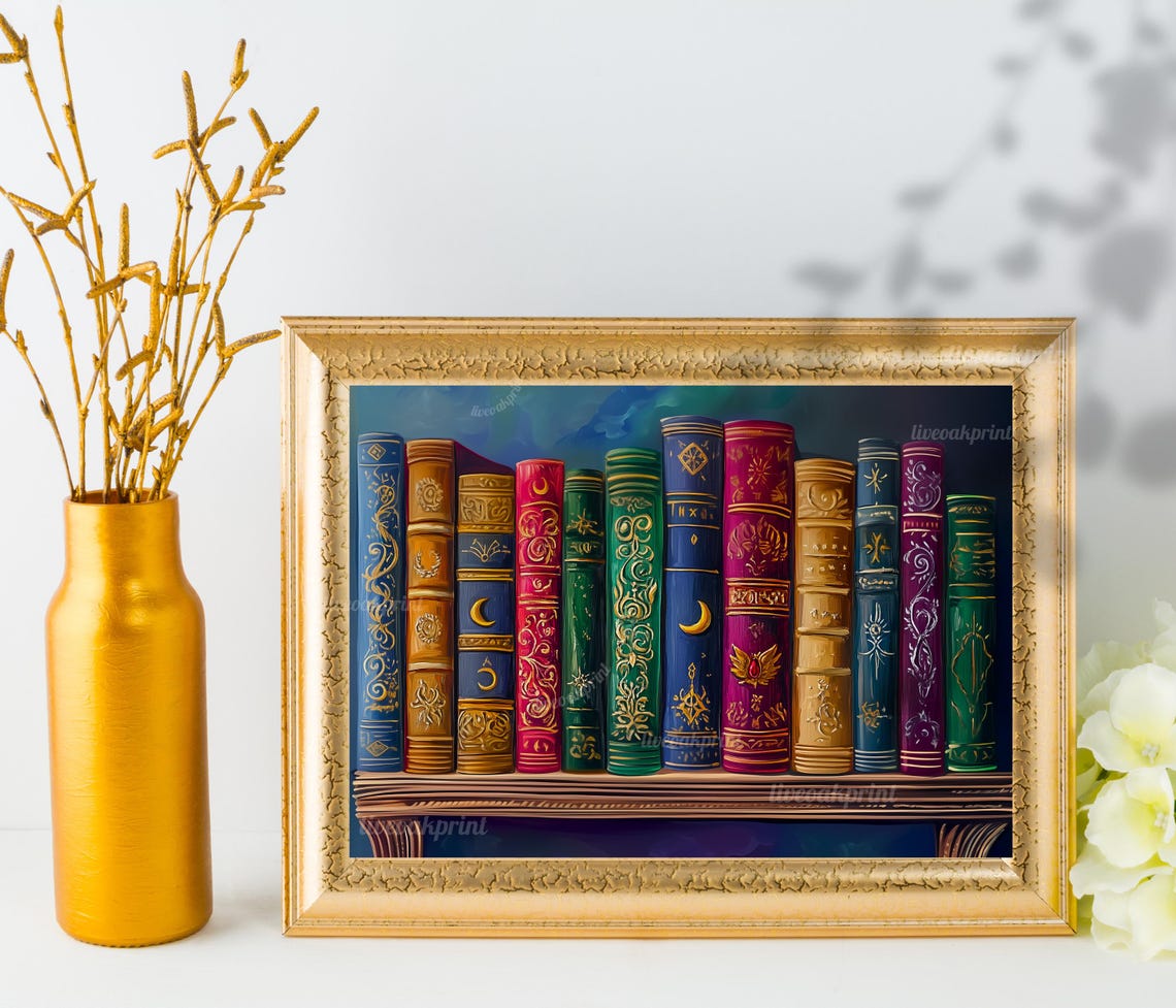 Moody Magical Bookshelf Magic Shelf Of Books Dark Academia Print Fantasy Library Print - Image 3