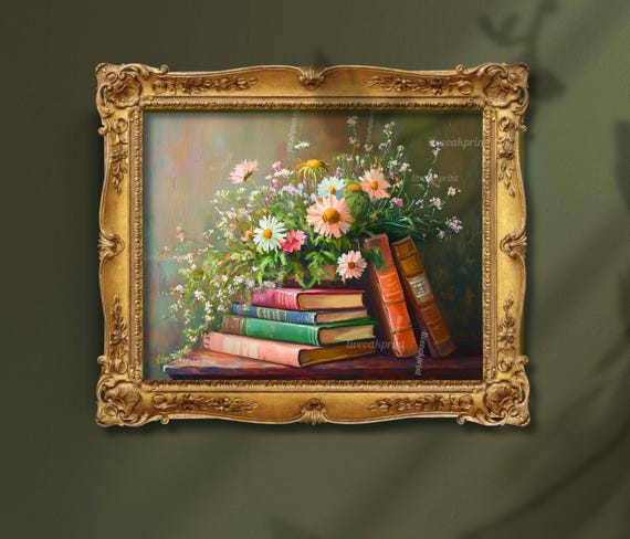 Moody Green Stack Of Books With Wildflowers Vintage Botanical Library Art Dark Academia Wall Decor Whimsical Floral Book Print