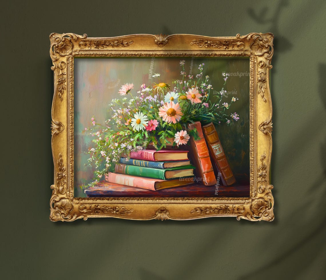 Moody Green Stack Of Books With Wildflowers Vintage Botanical Library Art Dark Academia Wall Decor Whimsical Floral Book Print