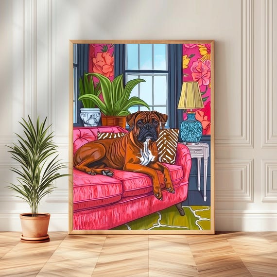 Boxer Dog In A Maximalist Living Room Vibrant Boxer Art Funky Dog Wall Decor Botanical Zebra Print Home Art Bold Eclectic Decor