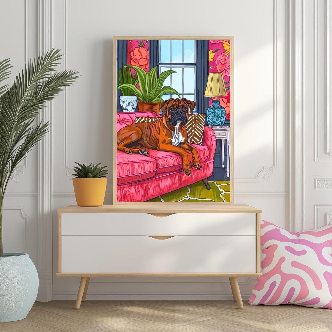 Boxer Dog Lounging On Pink Velvet Couch In Maximalist Room Poster - Image 2