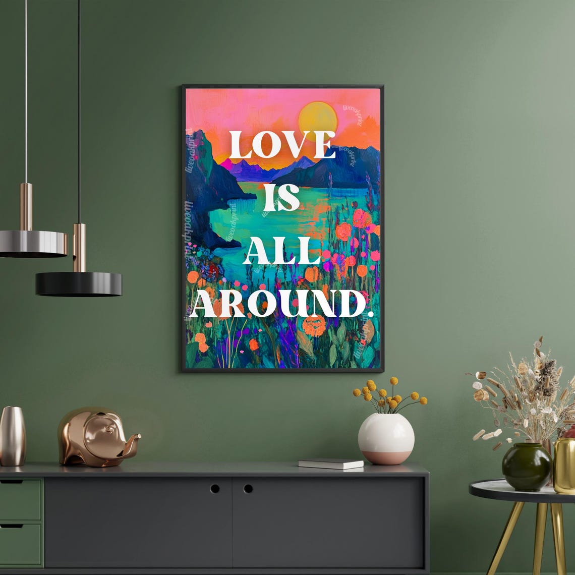 Love Is All Around Coastal Sunset Typography Motivational Poster - Image 3