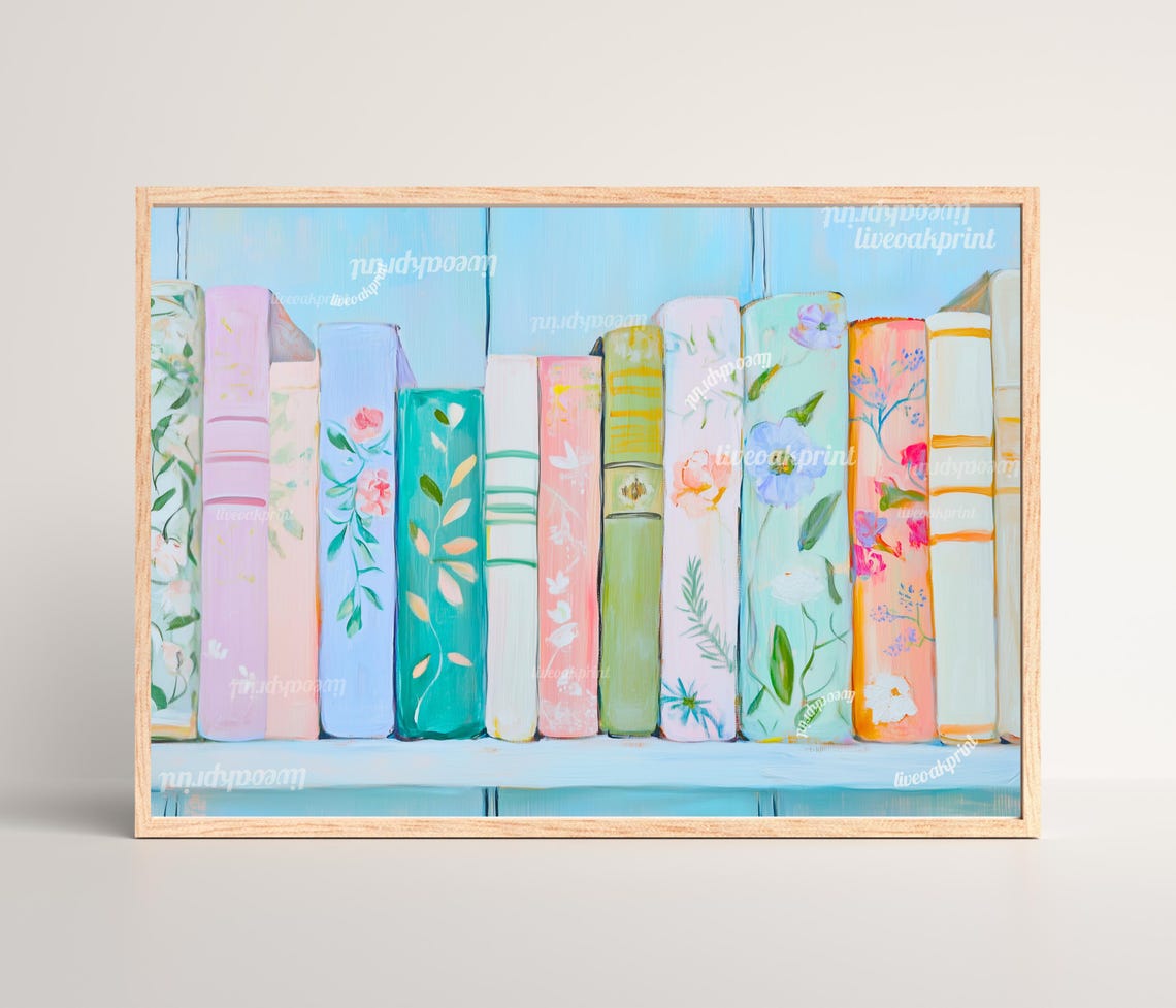 Pastel Floral Bookshelf Painting With Soft Blue And Pink Spines Poster - Image 3