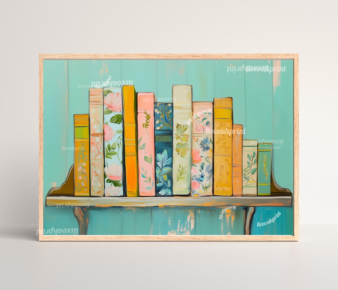 Farmhouse Rustic Bookshelf with Floral Books Teal Pastel Print - Image 2