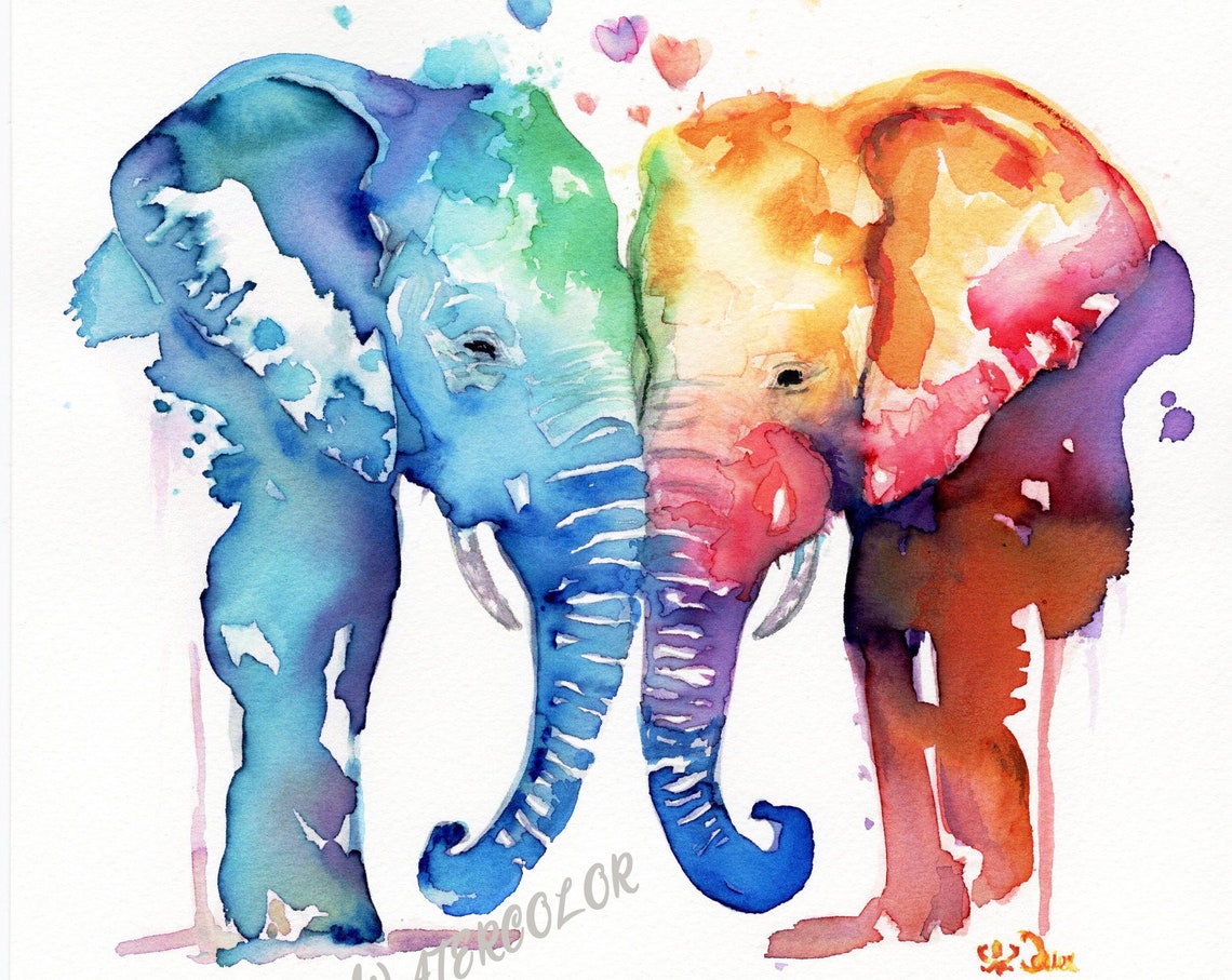 Two Watercolor Elephants Blue And Orange With Hearts Animal Poster