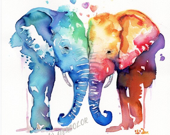 Two Watercolor Elephants Blue And Orange With Hearts Animal Poster