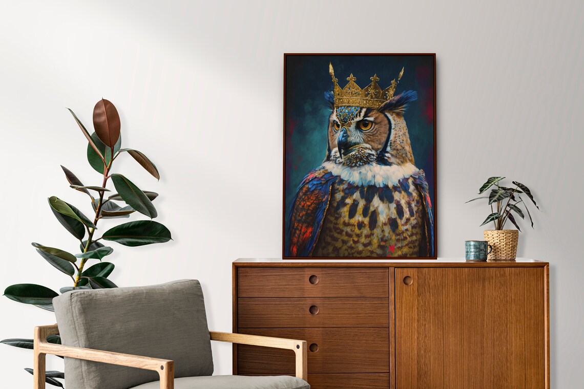 Regal Owl Golden Crown Royal Portrait Vibrant Bird Art Poster