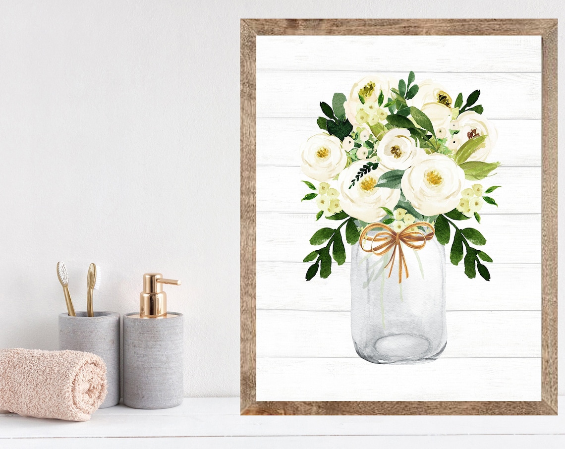 White Rose Watercolor Bouquet Mason Jar Gold Bow Farmhouse Print