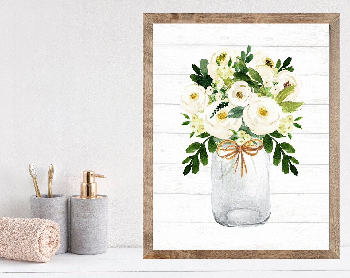 White Roses Bouquet In Mason Jar With Gold Bow Farmhouse Poster