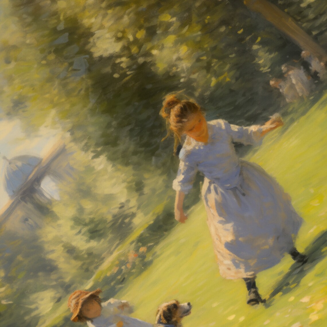 Children Playing With Their Dog In A Sunny Summer Park Art Poster - Image 5