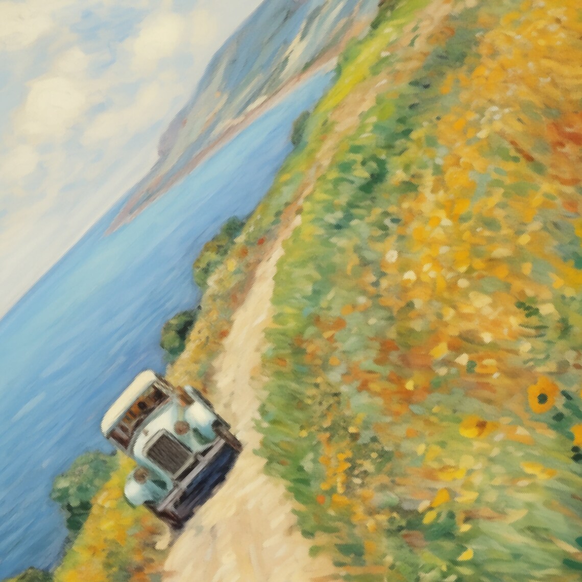 Vintage Car Driving On A Wildflower Coastal Road In Summer Poster - Image 4