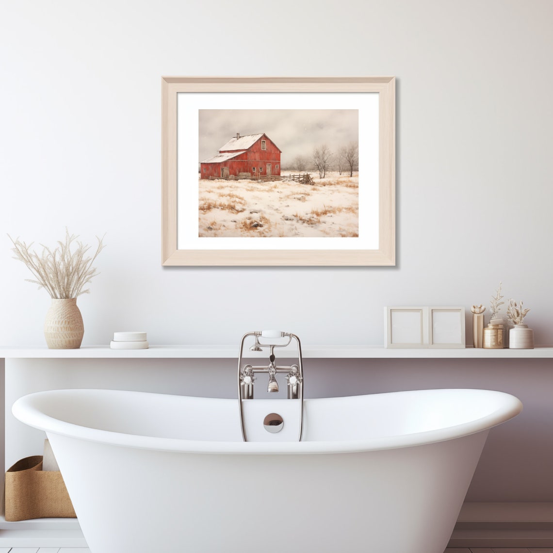 Red Barn Standing In A Snowy Winter Field Rustic Landscape Poster - Image 3