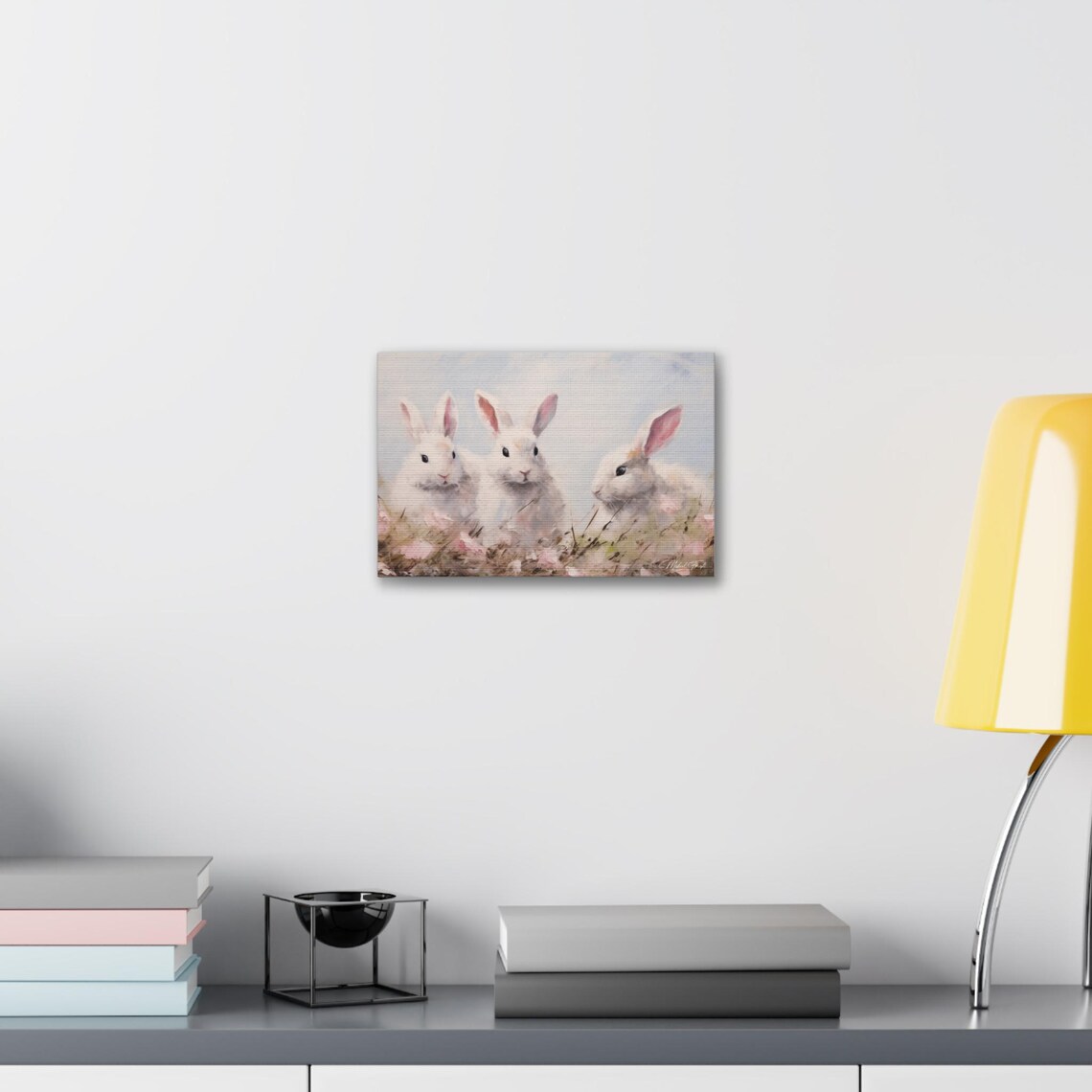 Three Fluffy White Bunnies Among Pink Meadow Flowers Art Print - Image 6