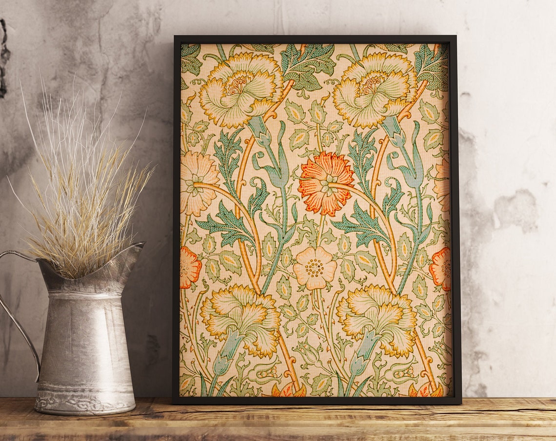 William Morris Style Vintage Botanical Carnation Pattern Art Print - Image 3