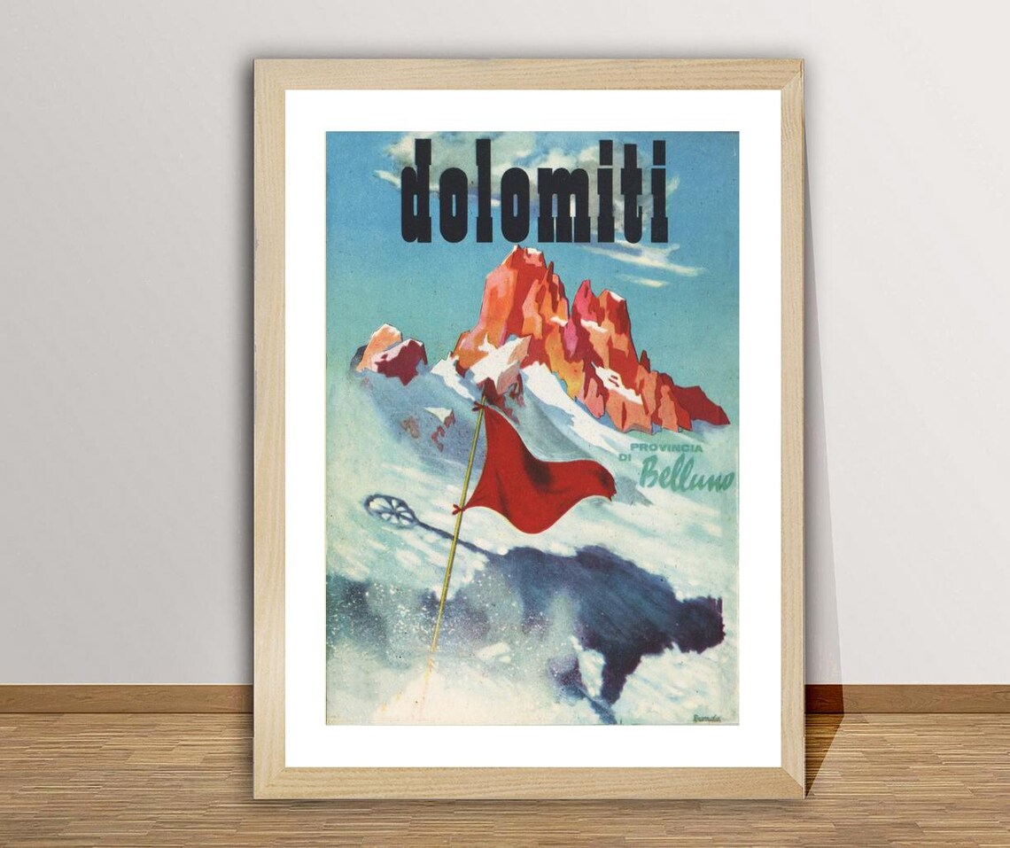 Dolomiti Belluno Red Peaks Ski Flag Vintage Italian Travel Poster