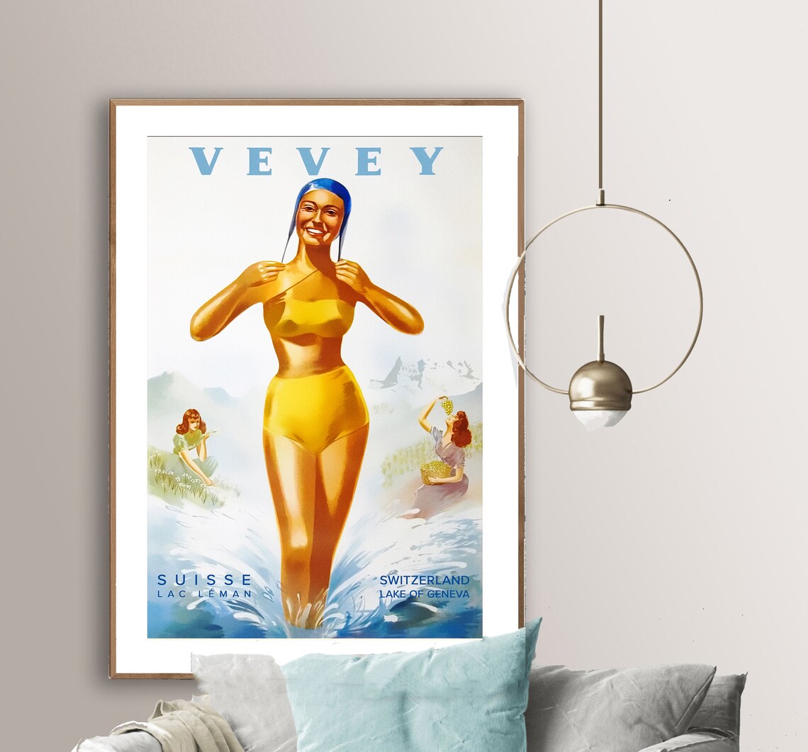 Vevey Suisse Lake Geneva Vintage Swiss Bathing Beauty Travel Poster