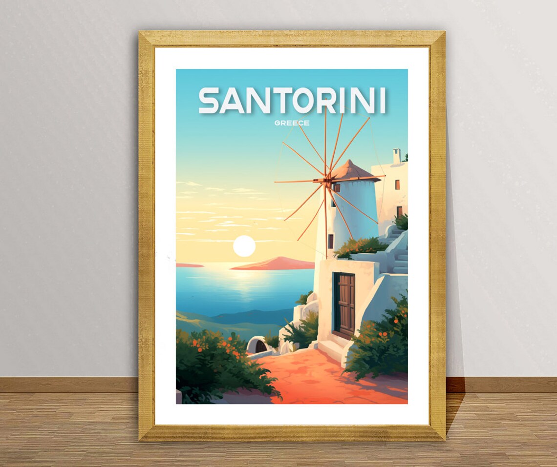 Santorini Windmill Greece Travel Poster, Island View