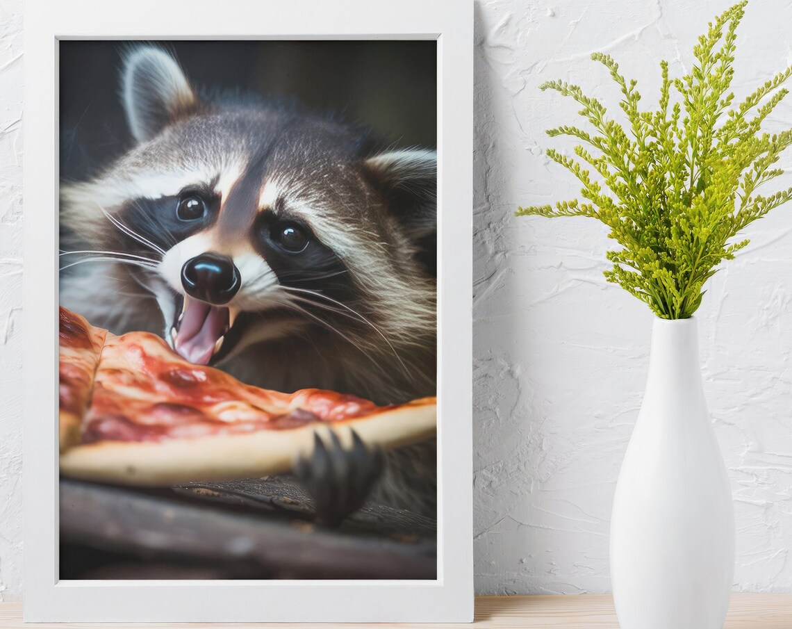 Raccoon Print, Funny Cute Animal Eating Pizza