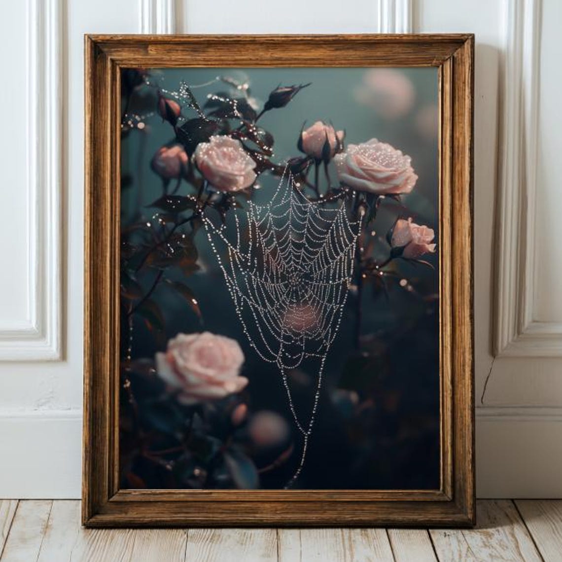 Pink Roses Dewy Spiderweb Moody Dark Gothic Floral Wall Poster