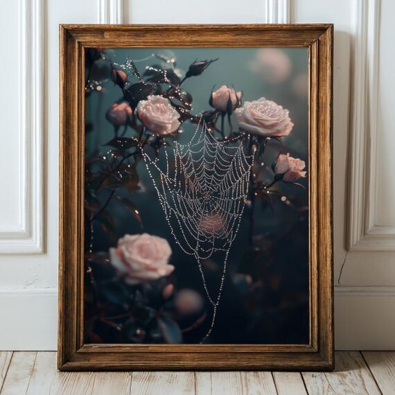 Moody Spiderweb And Pink Rose Wall Art Print Vintage Botanical Gothic Poster Dark Academia Decor