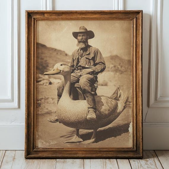 Rustic Duck Rider Print Western Fantasy Wall Art Whimsical Funny Quirky