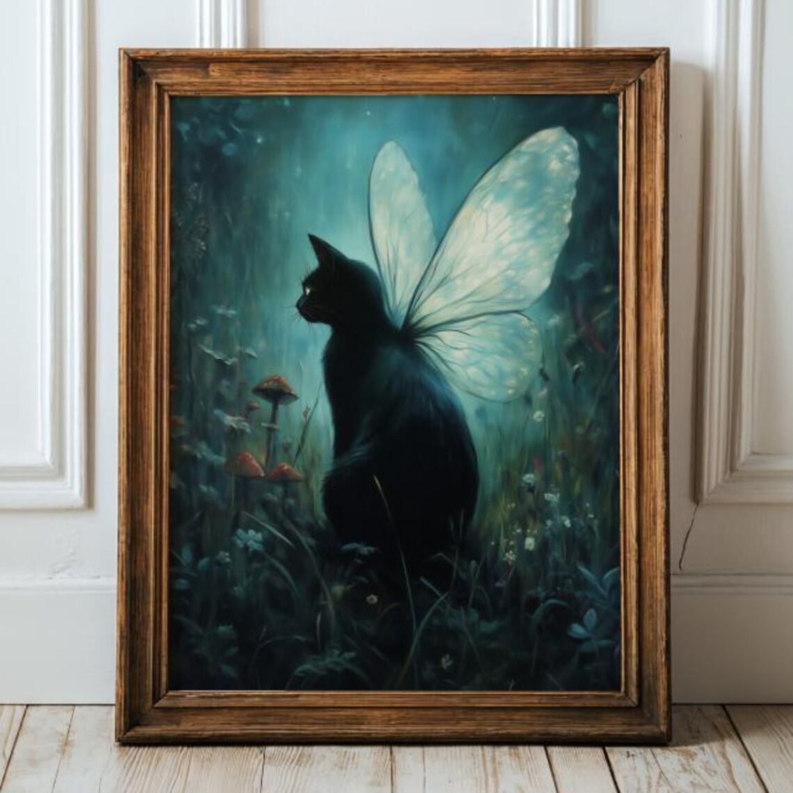 Mystical Black Cat Fairy, Dark Forest Fantasy Art Print