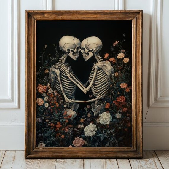 Gothic Skeleton Couple Floral Embrace Poster Dark Romantic Love Artwork