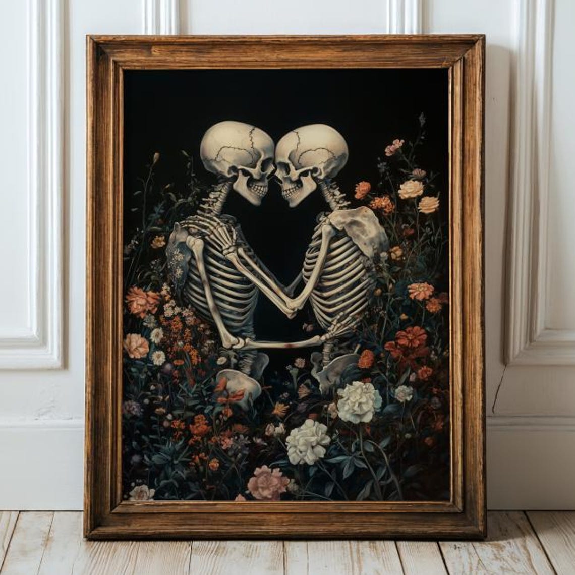 Floral Skeleton Embrace Print Gothic Love Wall Art Couple Vintage Romance Poster