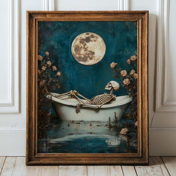 Skeleton Bathtub Art Print, Gothic Bathroom Decor