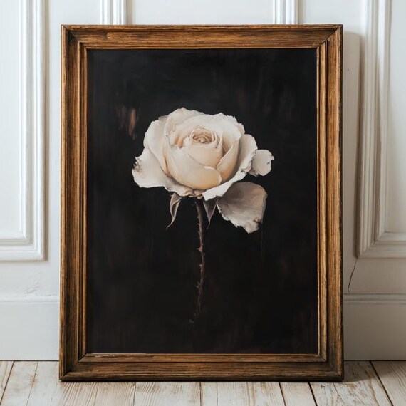 White Rose Dark Moody Oil Painting Poster Vintage Botanical Flower Art