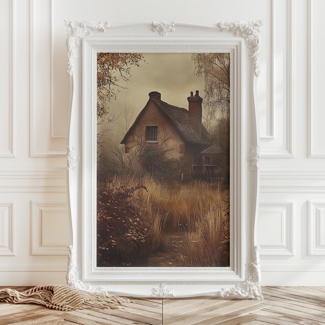 Old Thatched Cottage in Autumn Golden Field Moody Sepia Poster