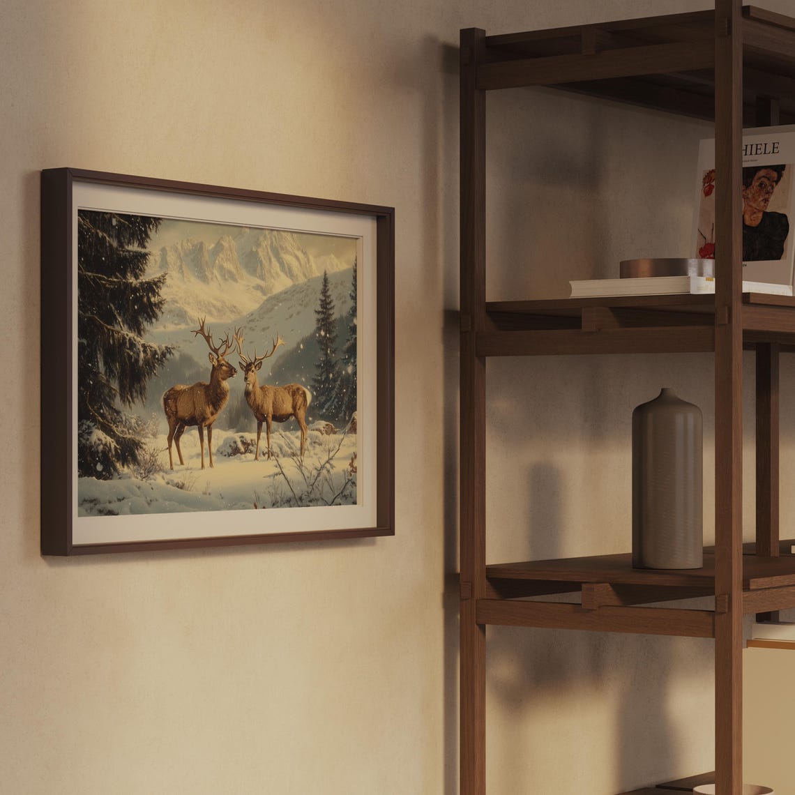 Two Stags in Snowy Mountain Valley Winter Wildlife Landscape Poster - Image 2
