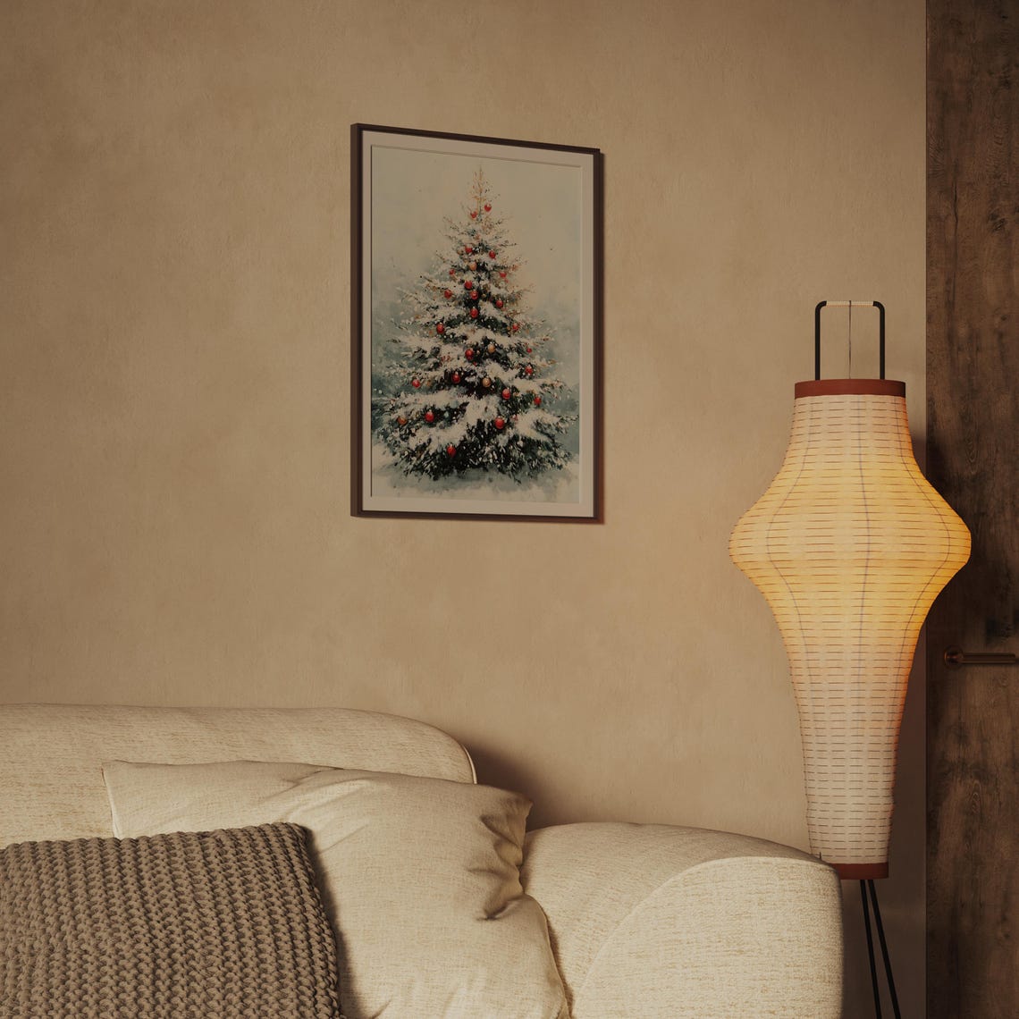 Snow Covered Christmas Tree Red Gold Ornaments Painterly Poster - Image 2