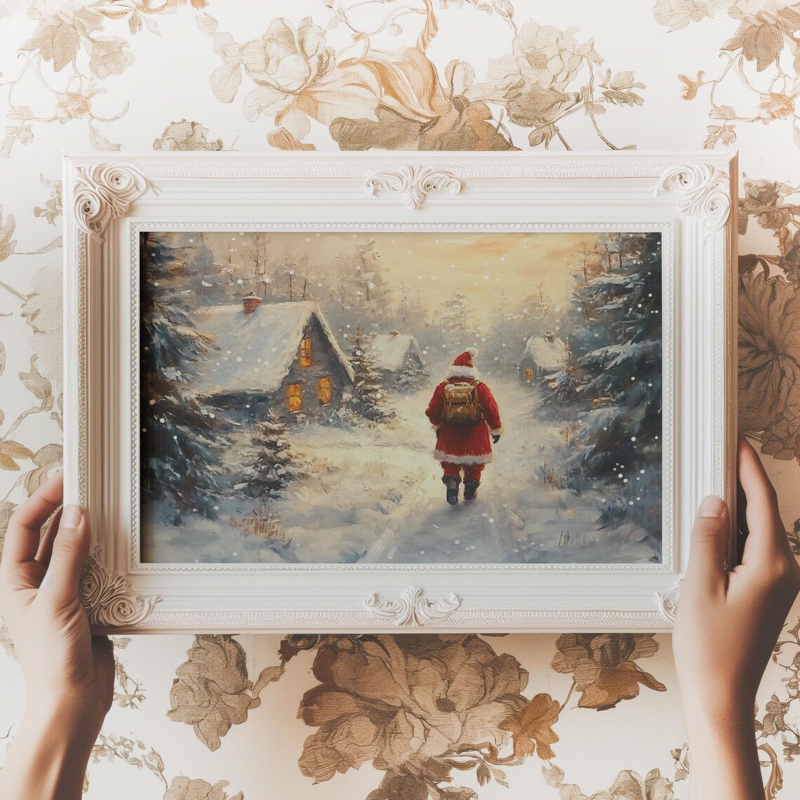 Santa Claus Walking a Snowy Path to a Cozy Cottage Art Print