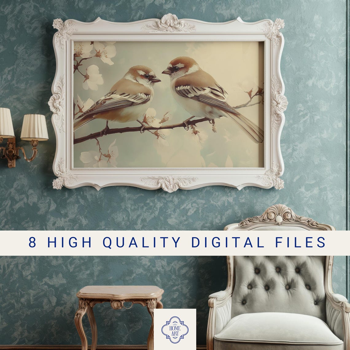 Two Birds Facing Each Other on a Blossoming Branch Art Print - Image 3