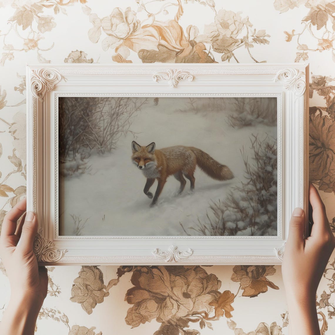 Red Fox Walking Through Deep Snow Vintage Winter Wildlife Poster