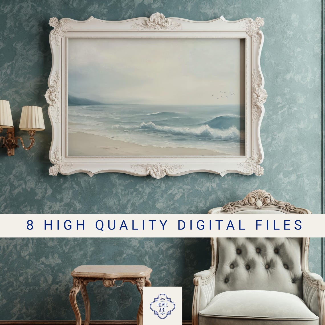 Pale Blue Ocean Waves and Sandy Beach Coastal Seascape Painting Print - Image 3