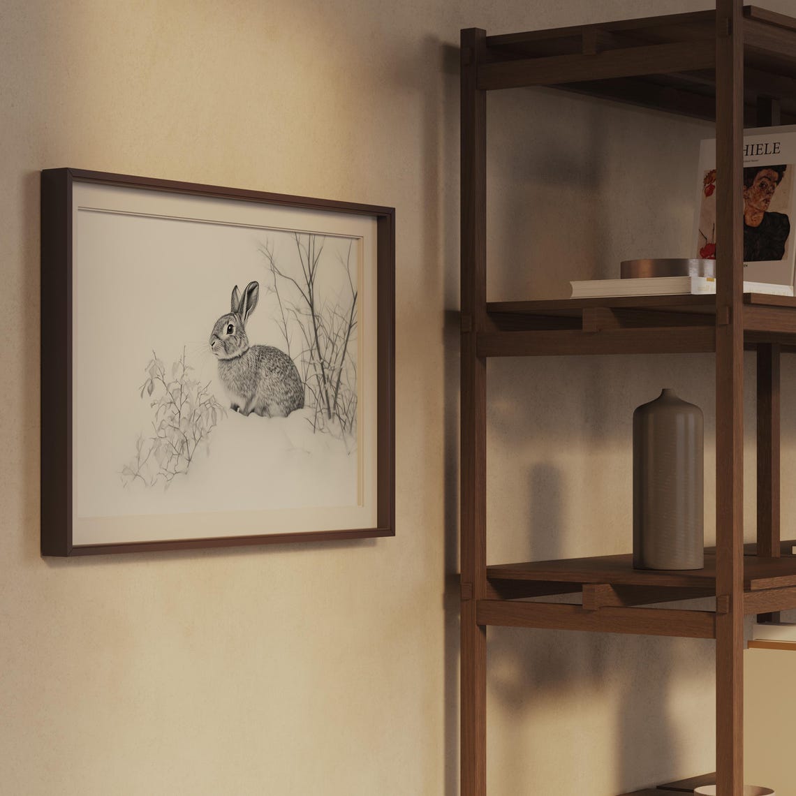Gray Rabbit Sitting in Snow Pencil Sketch Winter Scene Art Print - Image 2
