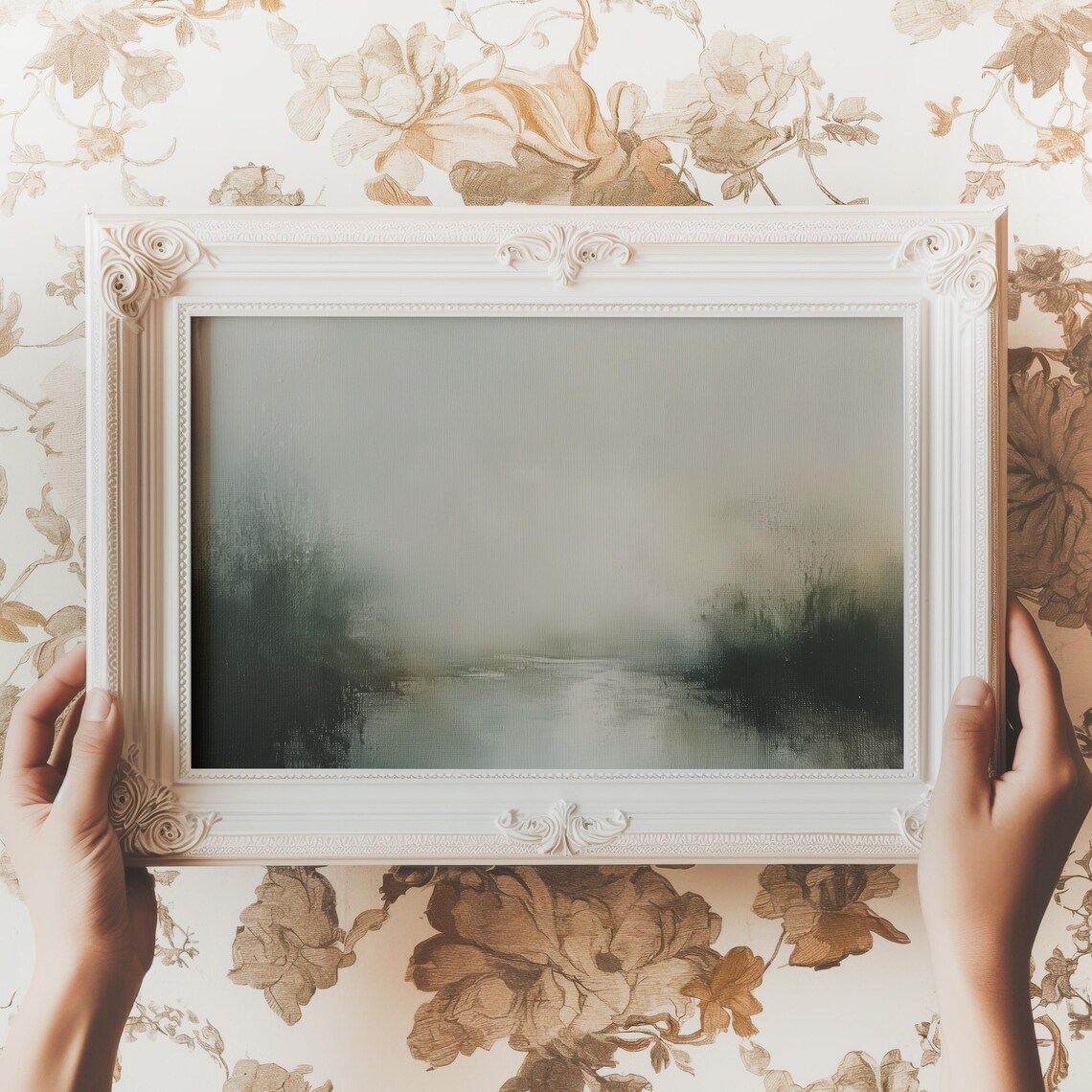 Misty Lake in Green Fog Abstract Moody Landscape Painting Print