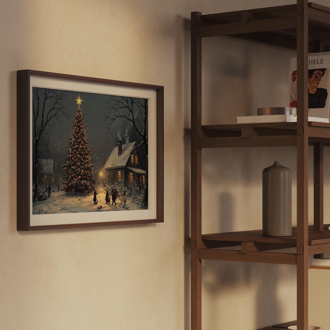 Vintage Village Christmas Tree Lighting in Snow Night Scene Poster - Image 2