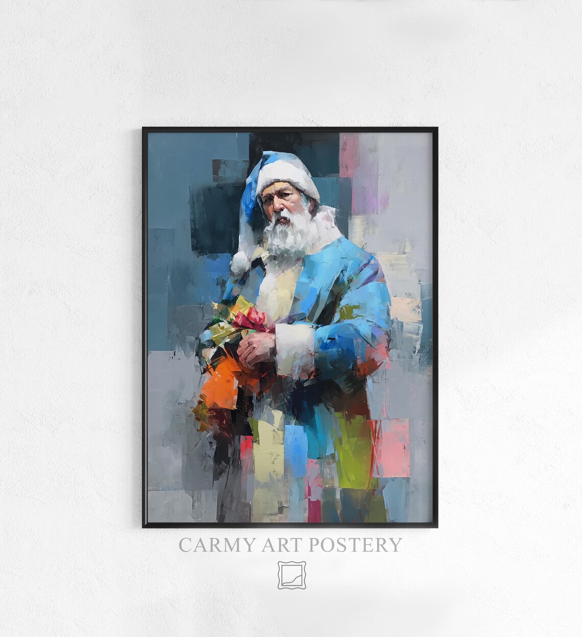 Modern Santa Claus Blue Coat Painterly Christmas Portrait Wall Art