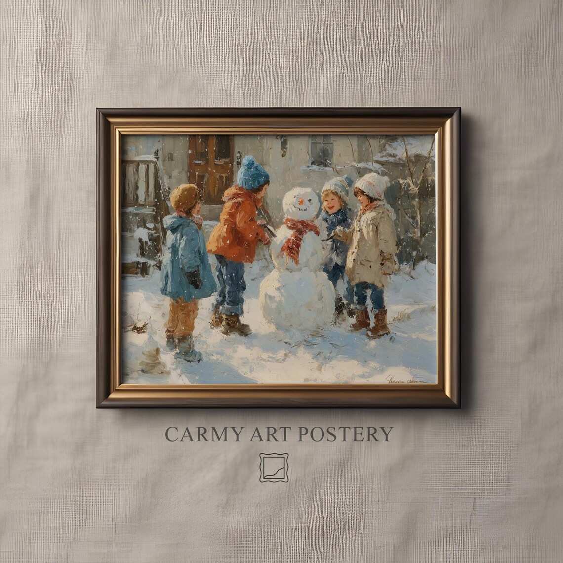 Children Building Snowman Winter Day Vintage Oil Painting Wall Art
