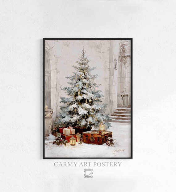 Snowy Christmas Tree with Lantern and Suitcases Vintage Winter Poster