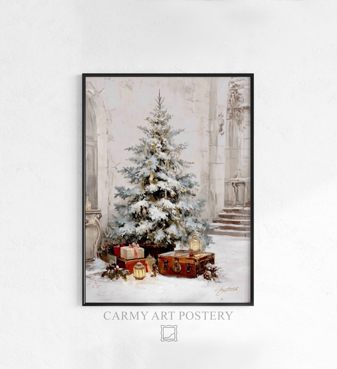 Snowy Christmas Tree with Lantern and Suitcases Vintage Winter Poster