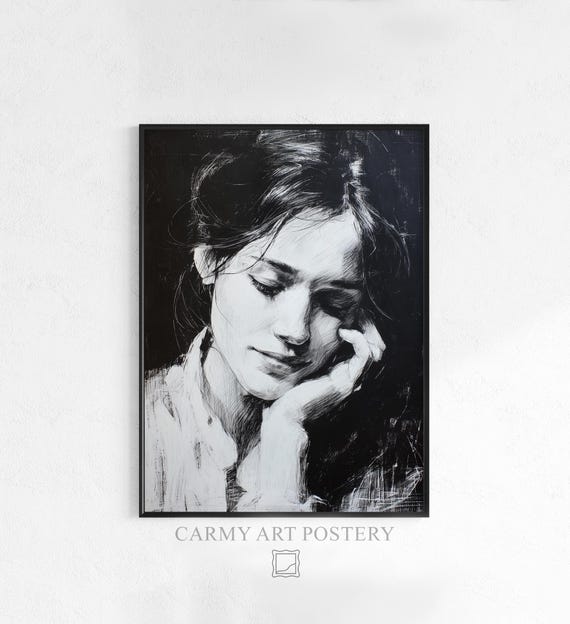 Moody Contemplative Woman Portrait Vintage Minimalist Art Highcontrast Whiteonblack Drawing Wall 991